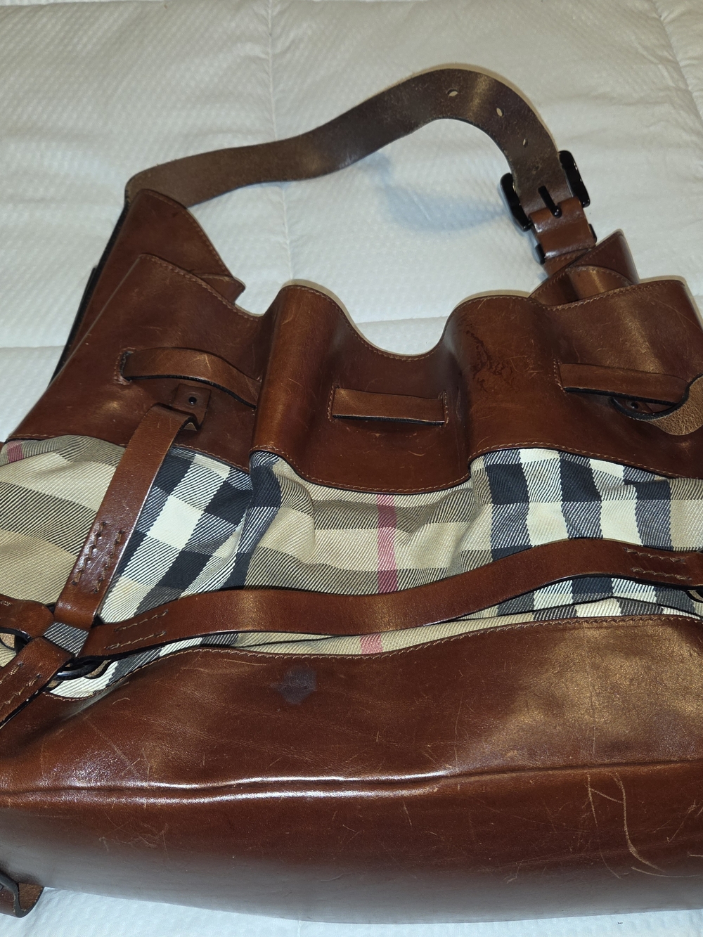 BurberryClassic Brown Leather Tote with Plaid Canvas